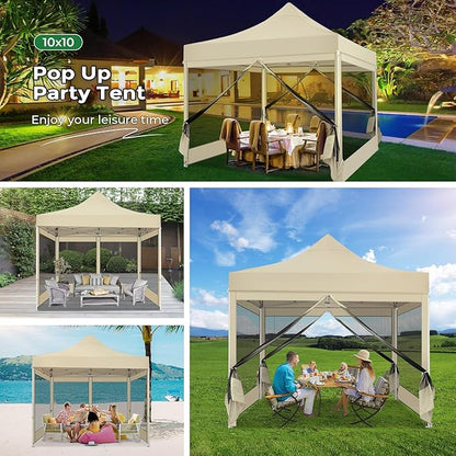 COBIZI 10x10 Heavy Duty Pop Up Canopy Tent with 4 Sidewalls, Commercial Gazebo Party Tent with Mosquito Netting Wall Easy Set Up Outdoor Instant Screen Canopy for Backyard, Patio, Garden, Khaki