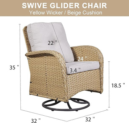2 in 1 Porch Glider Swivel Chair - Outdoor Swivel Rocker Patio Wicker Chair with Thick Cushions, 300 Lb Weight Capacity Patio Swivel Glider Seating Yellow/Beige