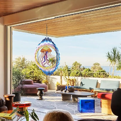 Jellyfish Wind Spinners, 12 inch 3D Stainless Steel Hanging Wind Spinner, Kinetic Sculpture, Blue, Marine Life, Garden Decor