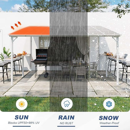 MEISSALIVVE 12' x 14' Wall Mounted Gazebo, Outdoor BBQ Grill Gazebo with Side Shelf, Lean to Metal Awnings with Sloped Roof, Heavy Duty Pergola for Backyard, Deck, White