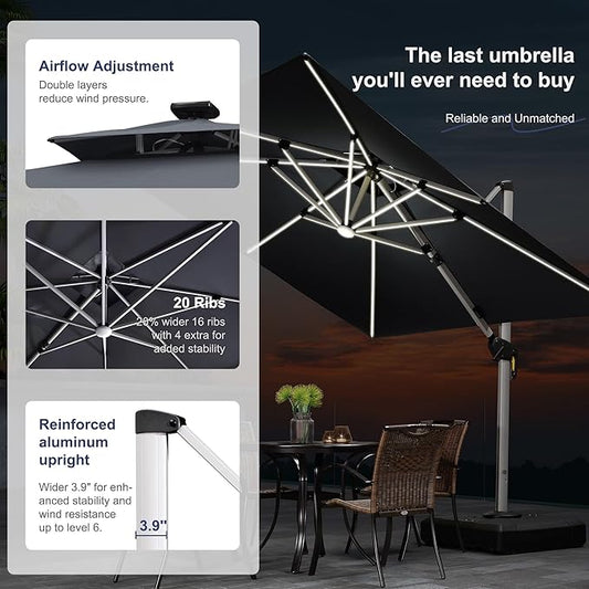 PURPLE LEAF 10 Feet Double Top Deluxe Solar Powered LED Square Patio Umbrella Offset Hanging Umbrella Outdoor Market Umbrella Garden Umbrella, Grey