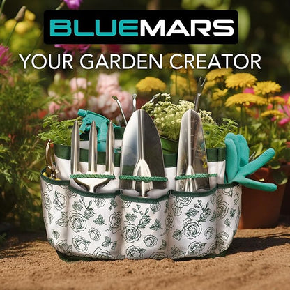 Bluemars Gardening Hand Tool Kit 14PCS Heavy Duty Stainless Steel Garden Tool Set with Floral Garden Tote -Outdoor Gardening Transplanting Gifts for Woman