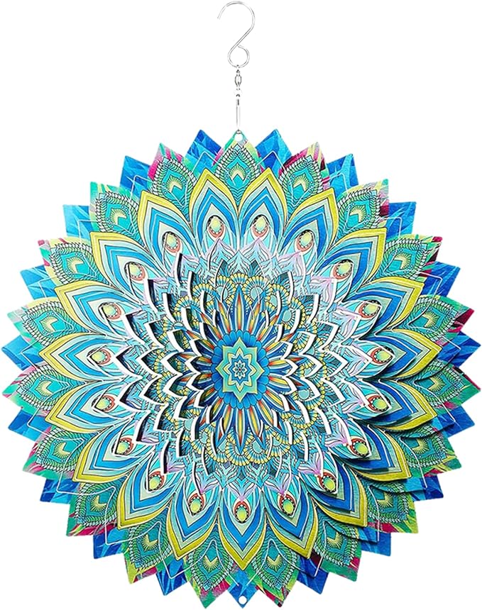 Peacock Wind Spinner,12.1in Green Bird Feather Style Spinner Hanging Ornaments,3D Kinetic Art Garden Sculptures,Sun Catcher Outdoor Metal Large Spinning Yard Decor,Big Craft Decorations for Garden