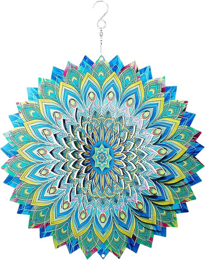 Peacock Wind Spinner,12.1in Green Bird Feather Style Spinner Hanging Ornaments,3D Kinetic Art Garden Sculptures,Sun Catcher Outdoor Metal Large Spinning Yard Decor,Big Craft Decorations for Garden