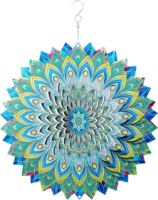 Peacock Wind Spinner,12.1in Green Bird Feather Style Spinner Hanging Ornaments,3D Kinetic Art Garden Sculptures,Sun Catcher Outdoor Metal Large Spinning Yard Decor,Big Craft Decorations for Garden