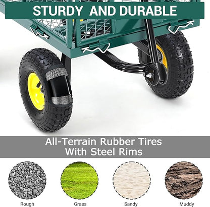 Heavy Duty Garden Cart On Wheels - 880LBS Metal Wagon with 10" Pneumatic Wheels, 180° Rotating Handle & Removable Sides - All-Terrain Yard Wagon for Farm, Beach & Outdoor Use