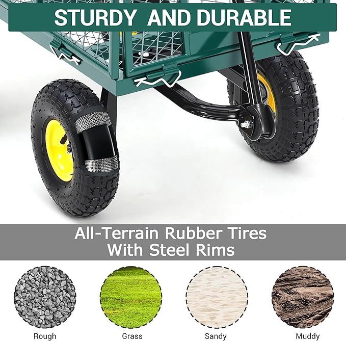 Heavy Duty Garden Cart On Wheels - 550LBS Metal Wagon with 10" Pneumatic Wheels, 180° Rotating Handle & Removable Sides - All-Terrain Yard Wagon for Farm, Beach & Outdoor Use