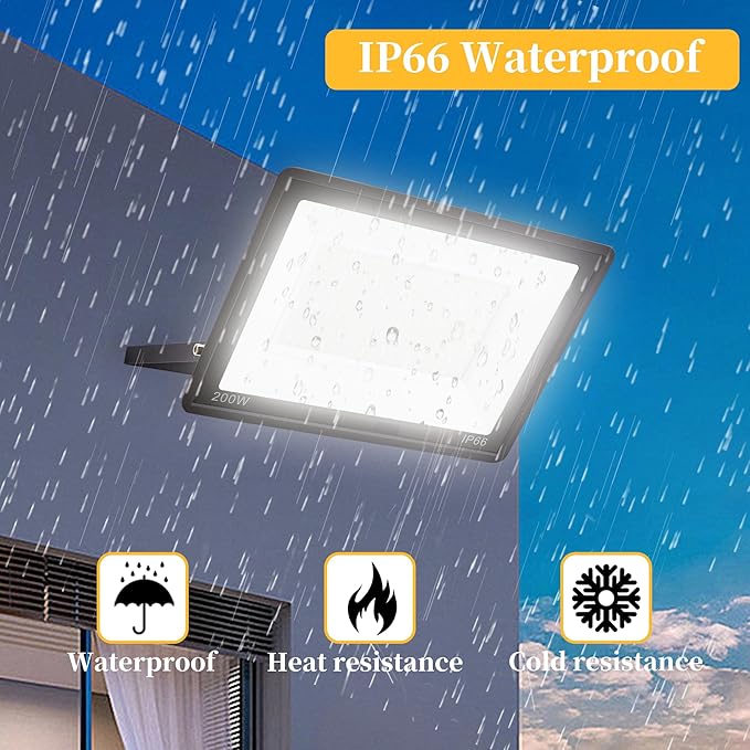 2 Pack 200W LED Flood Light Outdoor Plug in,25000 LM Super Bright Security Lights,IP66 Waterproof 6000K Daylight White Stadium Lights,Floodlights for Garage,Yard,Garden,Playground