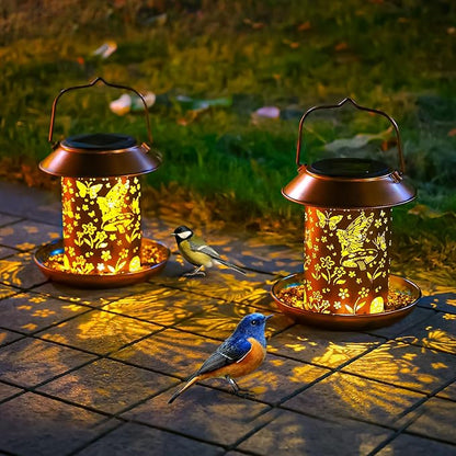 2pack Butterfly Solar Bird Feeders for Outdoors Hanging-Metal Waterproof Outdoor Lantern Bird Feeder, Weather Resistant and Waterproof Hummingbird Feeder Decor Patio, Deck, Garden Gifts for Women