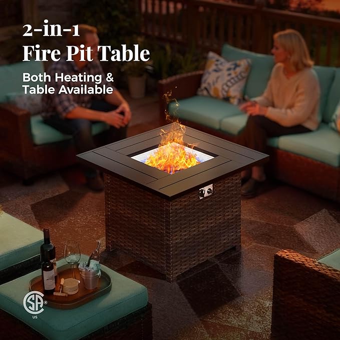 Patio Furniture Set, 6 Pcs Wicker Rattan Outdoor Conversation Set, 2 x Leg Chairs, 1 x 3 Seater Sofa and 2 x Ottoman with 4" Thick Cushion and 32" Fire Pit Table, Blue