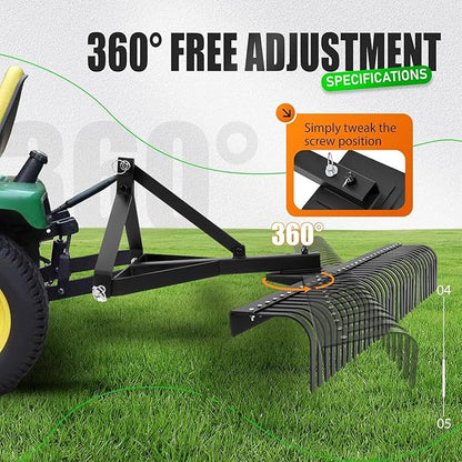 KUAFU 60" Landscape Rake, 3 Point Rake 360 Rotation Compatible with Category 1 Cat1 Compact Tractors Tow-Behind Garden Tool for Garden, Farm, Clearing Brush, Raking Arenas 2 Package Black