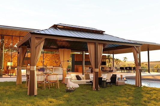 12' x 20' Outdoor Hardtop Gazebo Aluminum Frame with Double Metal Roof, Canopy Netting, Curtain, Patio Permanent Galvanized Steel Gazebo for Backyard, Garden, Party, Deck, Lawn