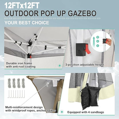 COBIZI 12x12 Pop up Gazebo on Clearance with Mosquito Netting & Sandbags, Outdoor Canopy Tent with 4 Ropes 8 Stakes & Portable Carrying Bag, Patio Portable Gazebo for Garden Backyard & Lawn,Khaki