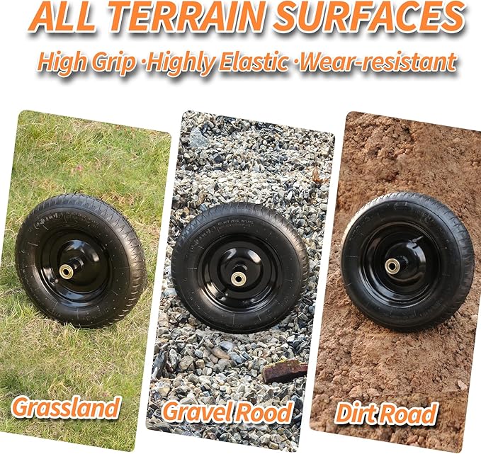 14.5" Wheelbarrow Tire, 3.50-8” Pneumatic Tire, Universal Wheelbarrow Wheel for 4.80/4.00-8”, 4.00-6”, and 2.50-8”, with 6" Centered Hub, 5/8" Axle Bore Hole, Sealed Bearings