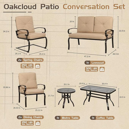 7-Piece Outdoor Metal Furniture Sets Patio Conversation Set, Wrought Iron Loveseat, 2 Dining Chairs, 2 Spring Chairs and Coffee Table, Brown