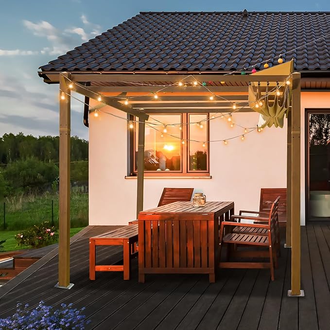 Domi 9’ x 13’ Outdoor Retractable Pergola Against The Wall with Weather-Resistant Canopy Aluminum Garden Pergola Patio Grill Gazebo for Courtyard(Teak Coated)
