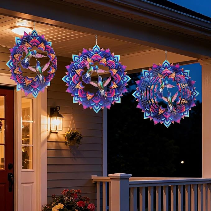 Hummingbird Wind Spinner, 12-Inch 3D Kinetic Metal Hanging Wind Spinners Outdoor, Garden Yard Decorations Indoor Outdoor Decor, Hummingbird Gifts for Women Men Birthday