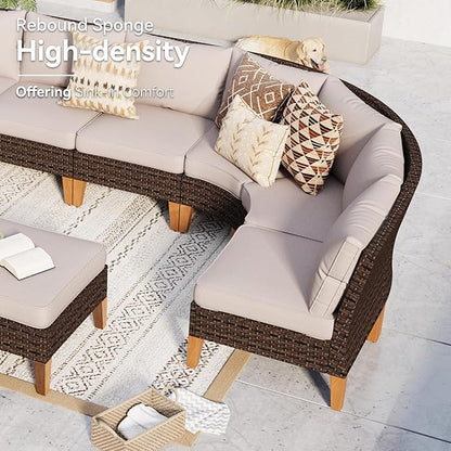 GREEN PARTY 8 Pieces Wicker Patio Furniture Set, All-Weather Outdoor Rattan Half-Moon Curved Patio Sectional Sofa Conversation Set with 4" Thick Cushions for Garden, Backyard, 2 x Ottomans