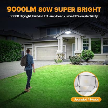 LUTEC 80W Dusk to Dawn Flood Lights Outdoor, 9000LM Super Bright LED Security Light with Photocell, IP65 Waterproof, 5000K Daylight, Hardwired 4 Heads Floodlight for Garage, Yard -2 Pack (White)