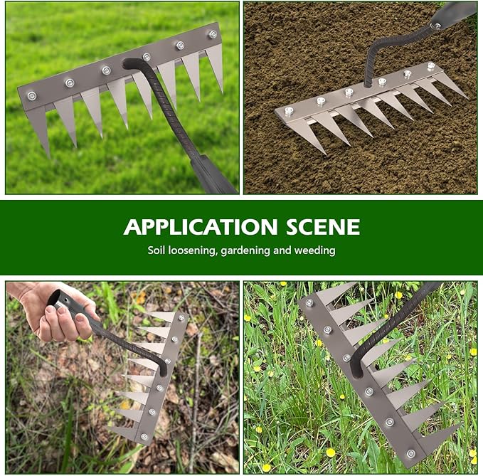 Iron Weeding Rake 2.0, New 5/6/7/8 Teeth Carbon Steel Garden Weeder Rakes, Weeder Puller Tool for Yard Lawn and Garden, Heavy Duty Metal Rake for Lawn, Flower Beds & Soil Aeration(8 Teeth)