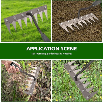 Iron Weeding Rake 2.0, New 5/6/7/8 Teeth Carbon Steel Garden Weeder Rakes, Weeder Puller Tool for Yard Lawn and Garden, Heavy Duty Metal Rake for Lawn, Flower Beds & Soil Aeration (6 Teeth)