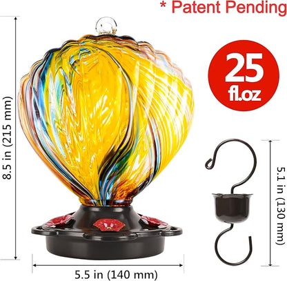 LUJII Seashell Shaped Hummingbird Feeder for Outside Hanging, Hand Blown Glass with Perches, Never Leak & Rustproof, Unique Gift for Women, Glass Art for Backyard Decor, 25 fl.oz, Ribbon