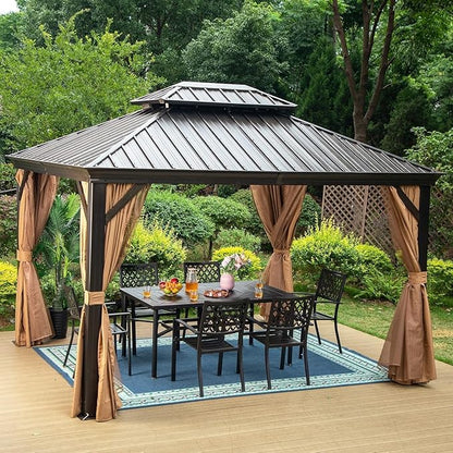 10 X 12ft Hardtop Gazebo with Nettings and Curtains, Heavy Duty Double Roof Galvanized Steel, Outdoor Aluminum Permanent Gazebos for Patios, Backyard, Deck, Garden, Lawns