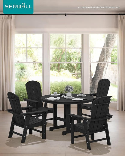 SERWALL 5 Piece Outdoor Dining Set, HDPE Dining Furniture Set with Umbrella Hole, 4 Adirondack Dining Chairs and 45" Round Dining Table, Black