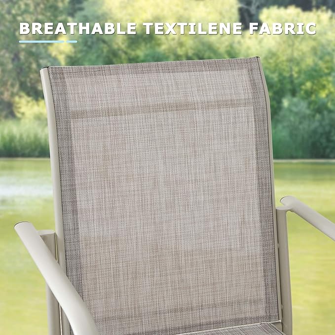 5 Pieces Round Dining Table Set for 4, Patio Dining Set Includes 4 Grey Stackable Patio Chairs and 1 Walnut Round Table, Patio Furniture Sets with Sling Support for Outside, Garden