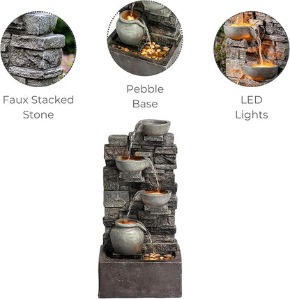 Teamson Home 28.5" Outdoor 4-Tier Stacked Stone Cascading Water Fountain with LED Lights, Gray