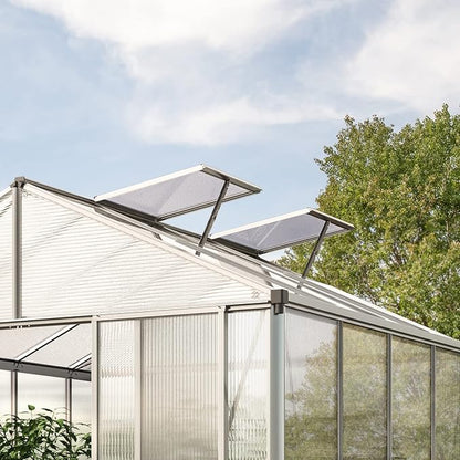 Greenhouse Rubin 3 Aluminum Frame 8.6 x 6.4 ft with Approx. 10 mm Polycarbonate Panels - with 2 Extra Skylights and 2 Automatic Window Openers