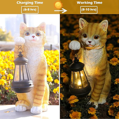 Solar Powered Outdoor Cat Garden Statue, Crafted Garden Sculptures & Statues for Patio, Yard, Lawn, Gardening Gifts for Women and Mom(11" Cat)
