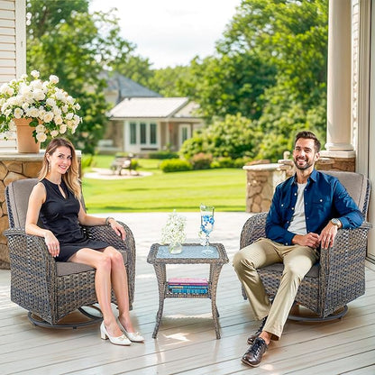 Outdoor Swivel Glider Rocker Chairs - 3 Piece Patio Furniture Set, Patio Bistro Sets with Tempered Glass Side Table, for Balcony, Porch - Brown Wicker, Grey Cushion