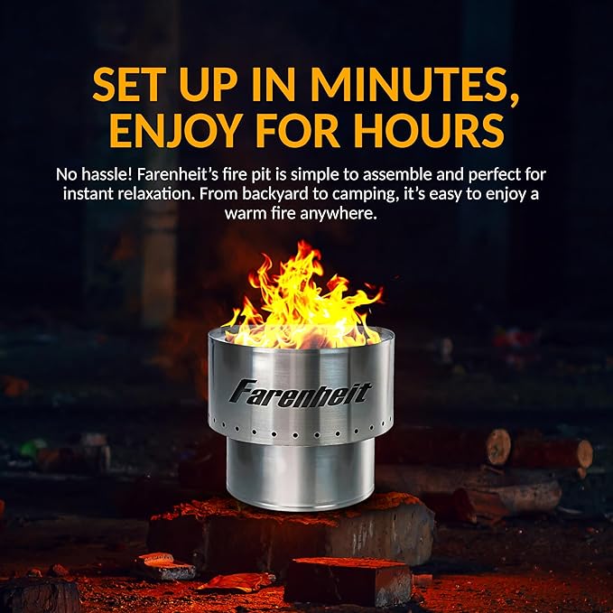 Farenheit 13.5" Stainless Steel Smokeless Fire Pit | Portable Outdoor Wood Burning Firepit for Backyard, Camping, Patio & Deck | Compact Low Smoke Design