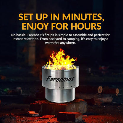 Farenheit 13.5" Stainless Steel Smokeless Fire Pit | Portable Outdoor Wood Burning Firepit for Backyard, Camping, Patio & Deck | Compact Low Smoke Design