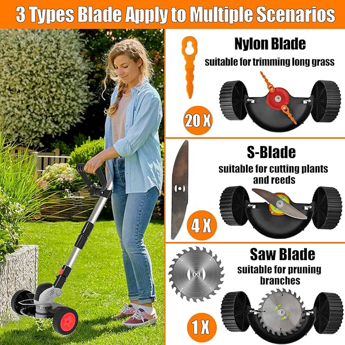 Electric Weed Wacker Cordless Eater Battery Powered Eater Lightweight Edger Portable Stringless Grass Trimmer/Lawn Mower/Brush Cutter, with 3 Types Blades & Wheels for Yard and Garden-Grey