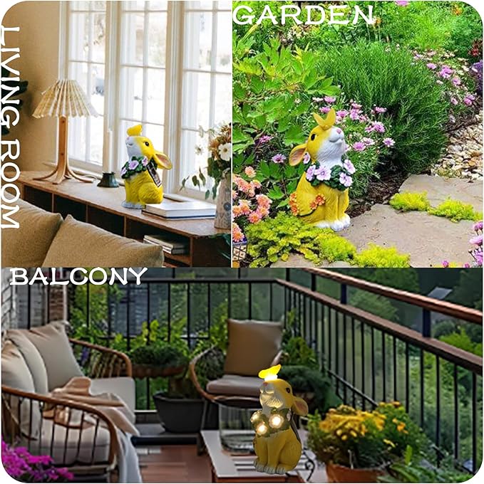 Solar Resin Rabbit Garden Outdoor Statue – Yellow Bunny Figurines with LED Floral Wreath & Butterfly, Decor for Patio Lawn Porch Yard Ornaments for Mom Grandma Wife