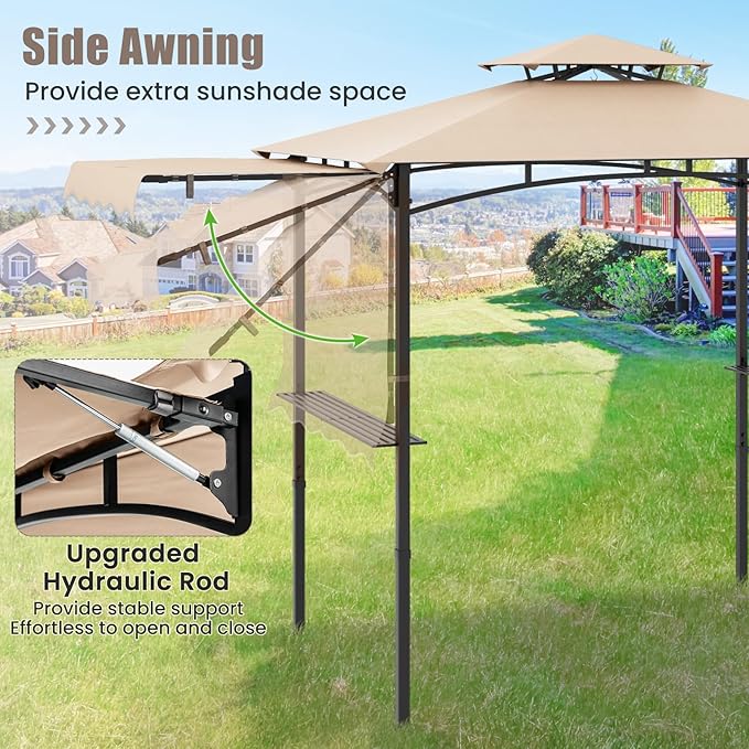 HAPPYGRILL Outdoor Grill Gazebo Canopy 11 x 5 FT, Barbecue Canopy with Double-Tiered Top, 2 Side Shelves, Hanging Hooks, Bottle Opener, Metal Frame, BBQ Grilling Shelter