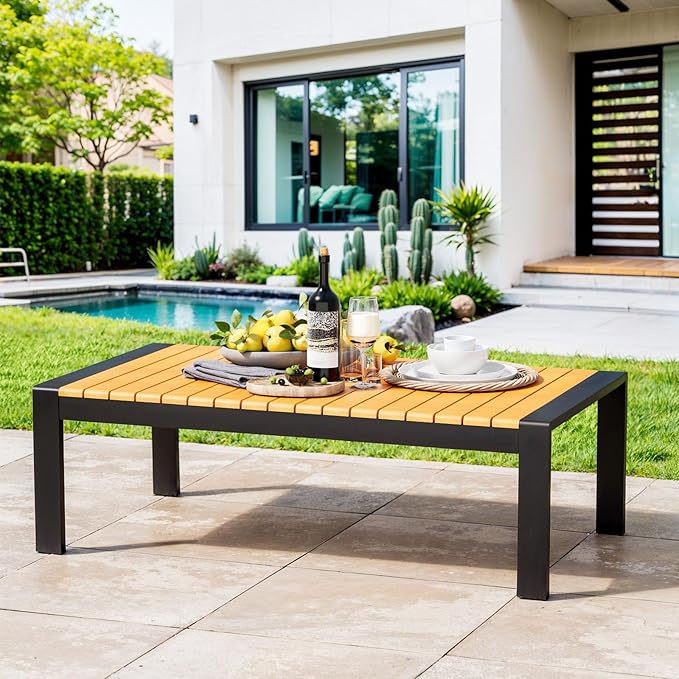 Aluminum Outdoor Coffee Table - Black Rectangle Patio Tables with Teak Top for Deck, and Poolside