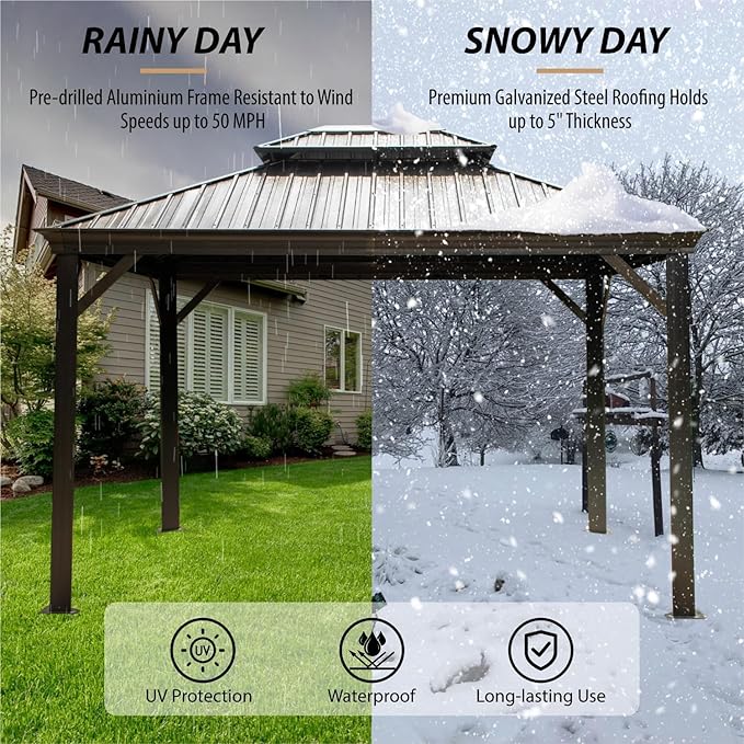 10 X 12ft Hardtop Gazebo with Nettings and Curtains, Heavy Duty Double Roof Galvanized Steel, Outdoor Aluminum Permanent Gazebos for Patios, Backyard, Deck, Garden, Lawns