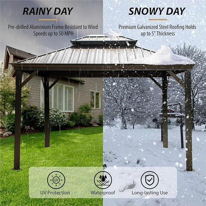 10 X 12ft Hardtop Gazebo with Nettings and Curtains, Heavy Duty Double Roof Galvanized Steel, Outdoor Aluminum Permanent Gazebos for Patios, Backyard, Deck, Garden, Lawns