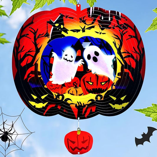 Halloween Pumpkin Wind Spinner - Outdoor Metal Decor with Spinning Ghosts & Bats, 3D Spooky Garden Art Ornaments Decorations for Halloween Party, Patio and Porch Gift 12 Inch