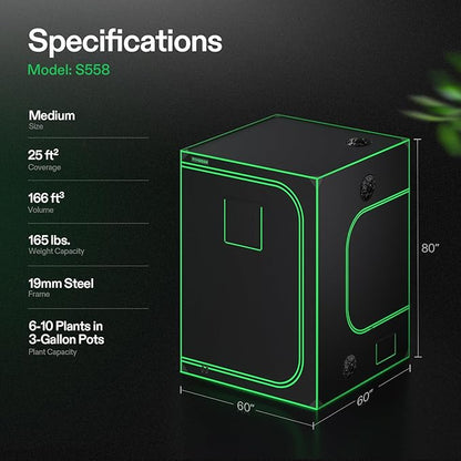VIVOSUN S558 5x5 Grow Tent, 60"x60"x80" High Reflective Mylar with Observation Window and Floor Tray for Hydroponics Indoor Plant for VSF6450