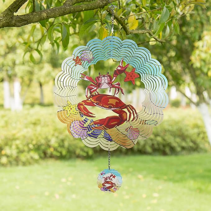 Crab 3D Wind Spinner Kinetic Metal Art Hanging Wind Spinner Outdoor Decoration Ocean Ornaments Decor for Yard and Garden