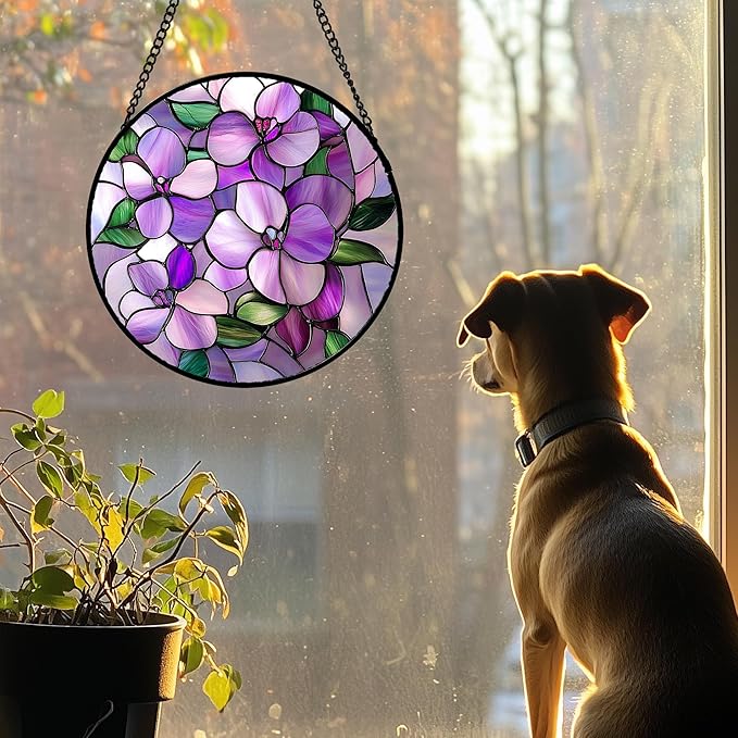 Stained Glass Window Hanging 4 Pcs Set Purple Flower Theme Large 11.8" - Tulip Suncatcher Door Garden Sun Catcher Decor Birthday Christmas for Plant Lovers Woman Nana Men