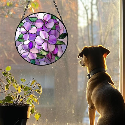 Stained Glass Window Hanging 4 Pcs Set Purple Flower Theme 9.8" - Tulip Suncatcher Door Garden Sun Catcher Decor Birthday Christmas for Plant Lovers Woman Nana Men