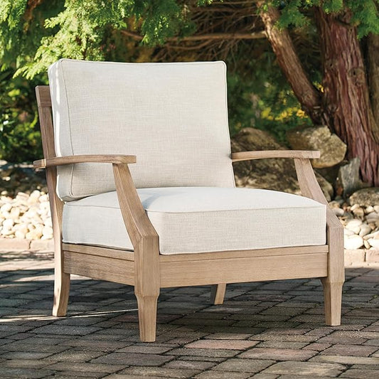 Signature Design by Ashley Carter Hall Outdoor Eucalyptus Neutral Patio Lounge Chair with Thick Performance Fabric Cushion, Beige