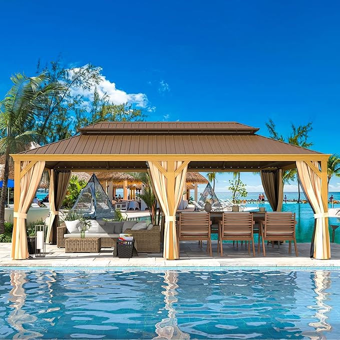 EROMMY 14'x22' Hardtop Gazebo, Galvanized Steel Double Roof with Wood Grain Aluminum Frame, Outdoor Gazebo with Curtains and Nettings for Patio, Backyard and Deck