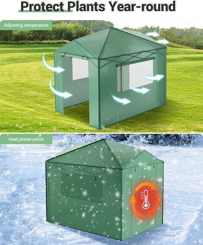 GarveeLife 6X8FT Portable Greenhouse for Outdoor, Walk-in Instant Pop-Up Greenhouse for Gardening Plant, Zipper Roll Up Door & Mesh Window, Double Frame, PE Cover Grow Tent for Winter, Green