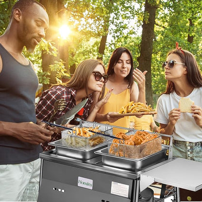 HOMIRA Iron Two-Tank Propane Deep Fryer with Thermometer, 2 Stainless Steel Baskets and Lids Fish Fryer with Adjustable Temperature Regulator, Outdoor Dual Fryer for Frying